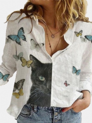 Kvinder Tegneserie Kat Butterfly Med Tryk Button Up Lapel Casual Langærmede Skjorter
