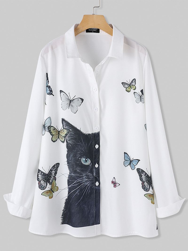 Kvinder Tegneserie Kat Butterfly Med Tryk Button Up Lapel Casual Langærmede Skjorter