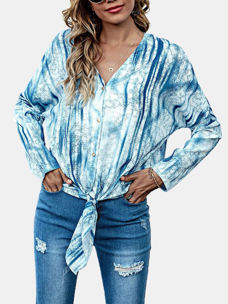 Kvinder Tie Dye Med Tryk Knotted Langærmet Casual Bluse