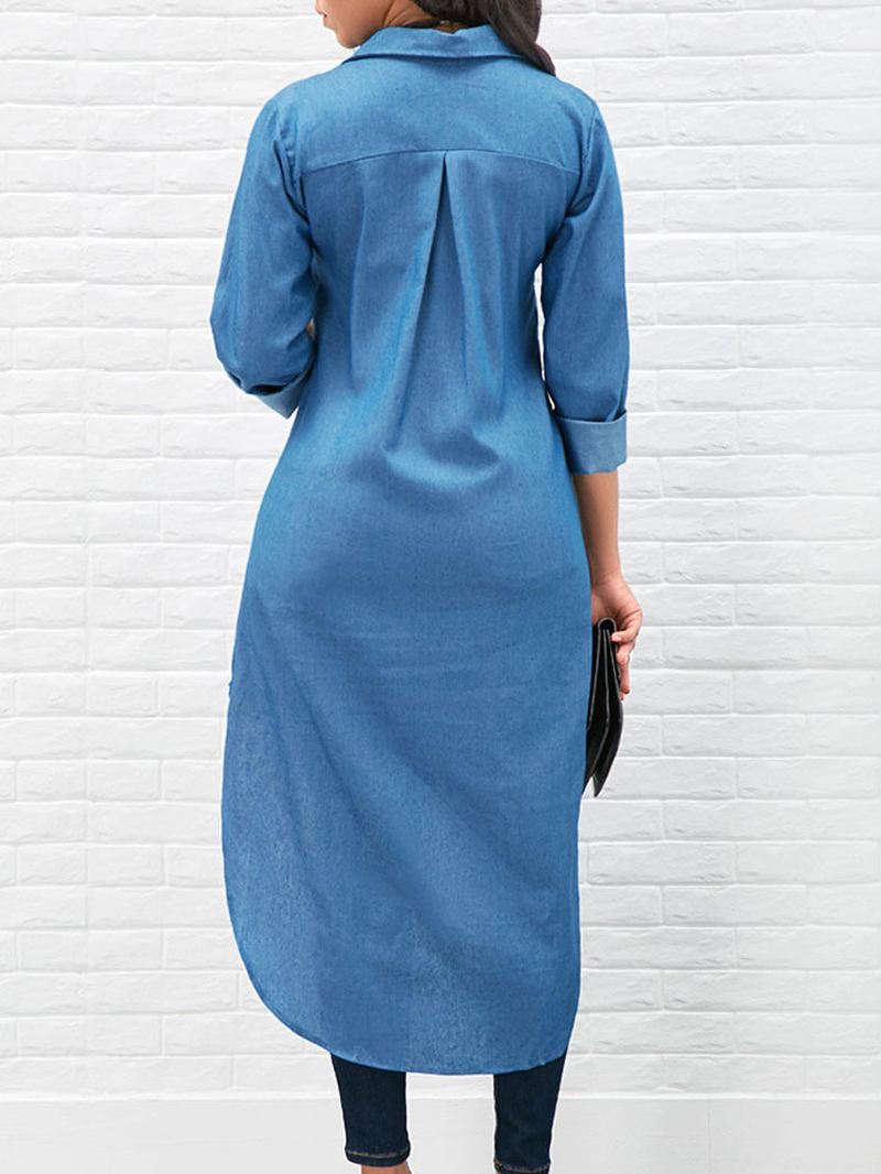 Langærmet Ensfarvet Høj-lav Kant Denim Skjortekjole