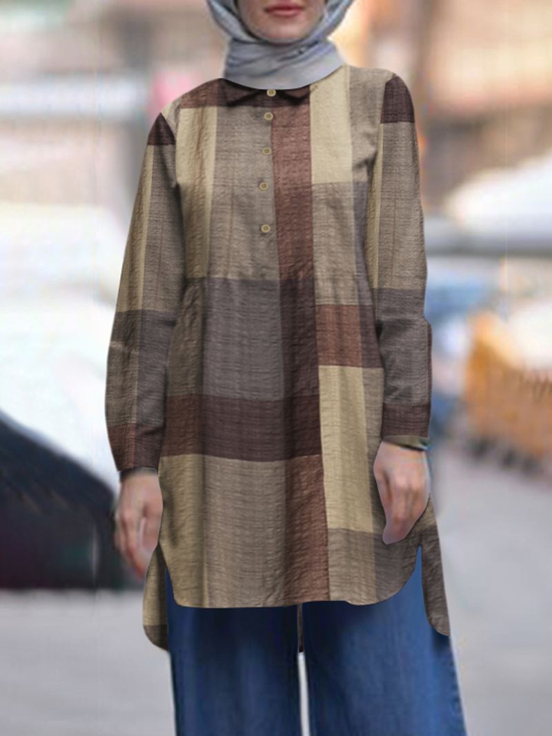 Plaidprint Med Drejningskrave Høj Lav Kant Daglige Fritidsskjorter Til Kvinder
