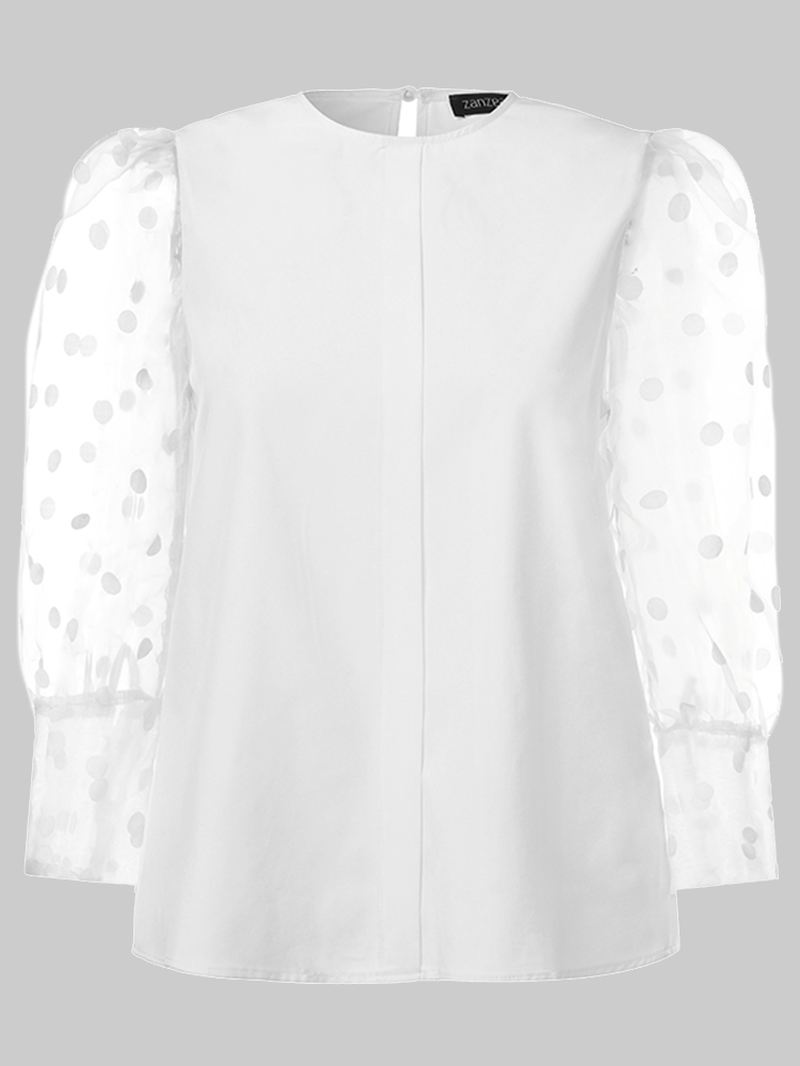 Polka Dot Lace Patchwork Puffærmet Bluse Med O-hals