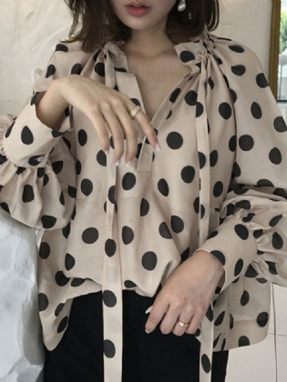 Polka Dots Udskrivning Lanterne Ærmer Halsudskæring Butterfly Afslappet Bluse Til Kvinder