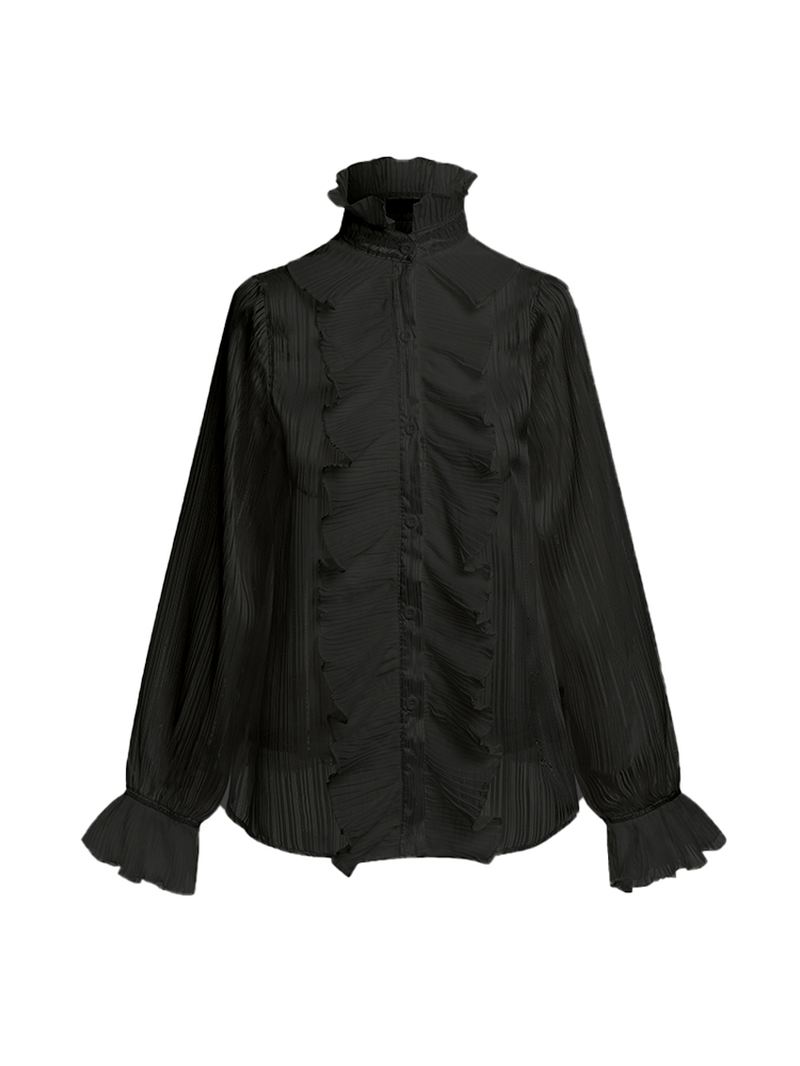 Pure Color Ruffle Stand Collar Langærmede Casual Skjorter Til Kvinder