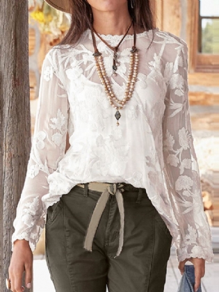 Solid Blonde Patchwork O-hals Langærmet Knap Tilbage Todelt Afslappet Bluse