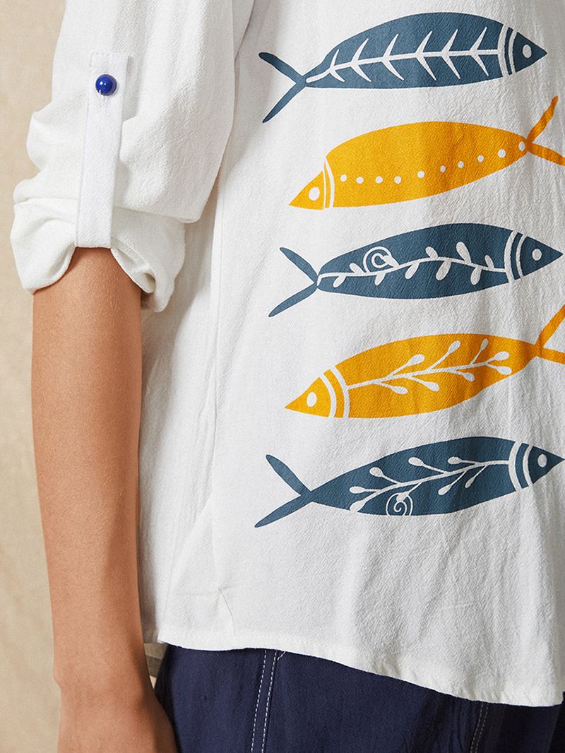 Tegneserie Fish Med Tryk Knap Stand Krave Langærmet Casual Bluse Til Kvinder