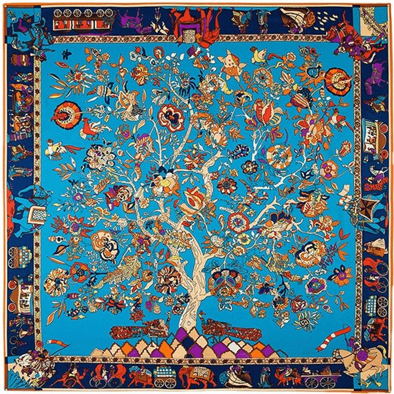 130 cm Fortune Tree Livets Træ Etnisk Blomstermønster Dame Twill Tørklæde Rejsetørklæde