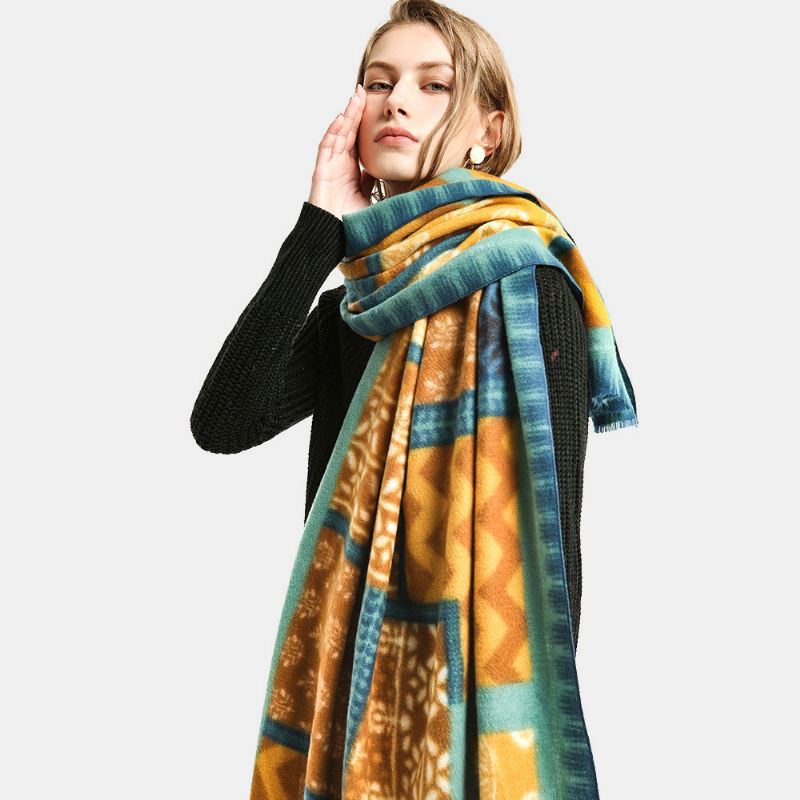 Kvinder Geometrisk Syning Mønster Kunstigt Cashmere Sjal Efterår Vinter Varmt Langt Tørklæde Med Dobbelt Anvendelse
