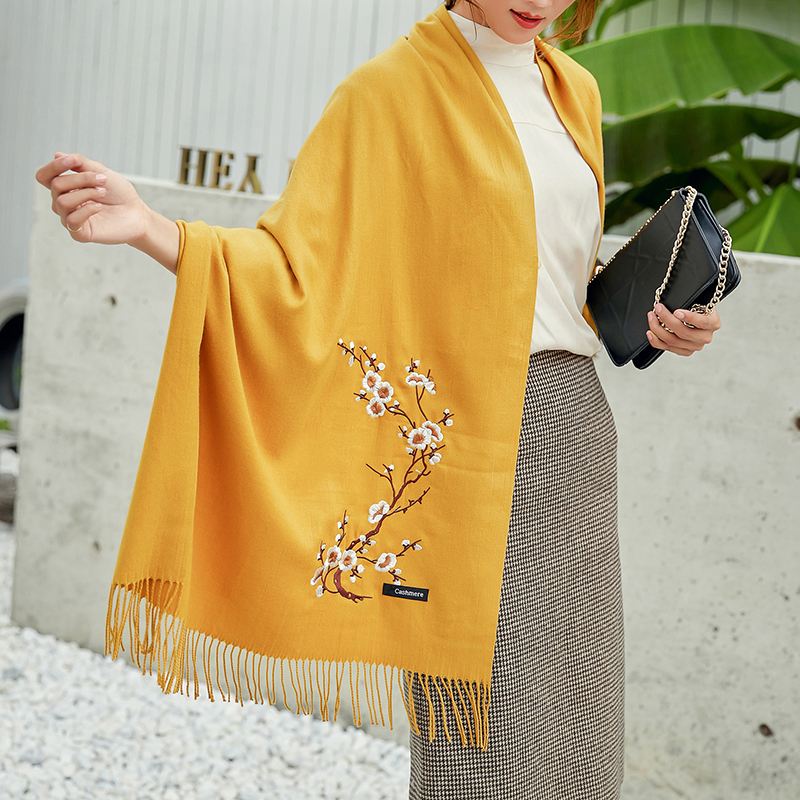 Kvinder Vinter Cashmere-lignende Blomme Broderi Kvast Tørklæde