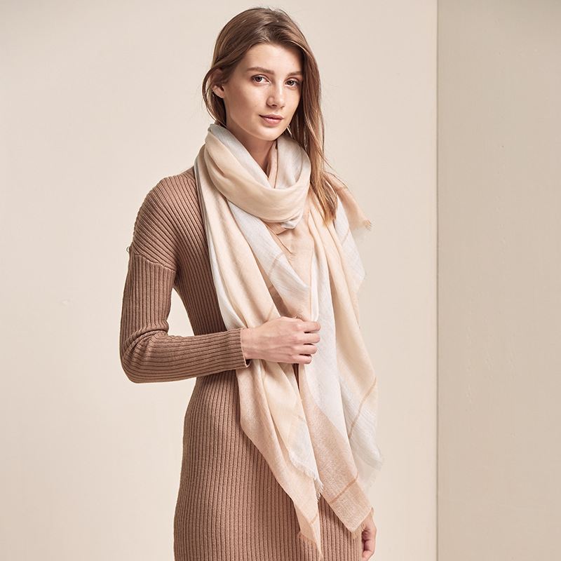 Superfin Kamgarn Farvet Plaid Ensfarvet Langt Sjal