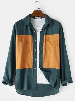 100% Bomuld Herre Dobbeltlomme Solid Patchwork Langærmede Design Skjorter