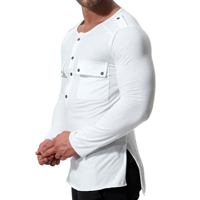 Casual Efterårs-bomulds-t-shirts Med Dobbeltlommer Til Mænd