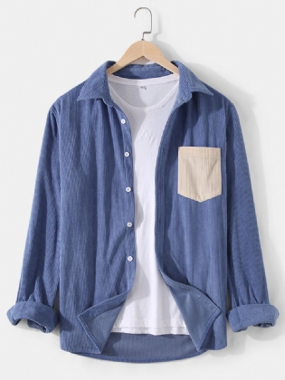 Corduroy Herre Ensfarvet Revers Lange Ærmer Simple Skjorter Med Patchwork Lomme