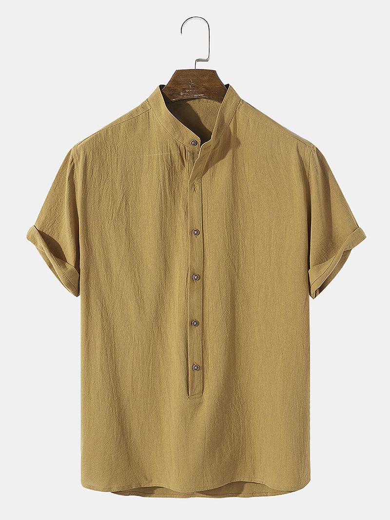 Herre Almindelig Basis Stil Solid 100% Bomuld Kortærmet Henley Skjorte