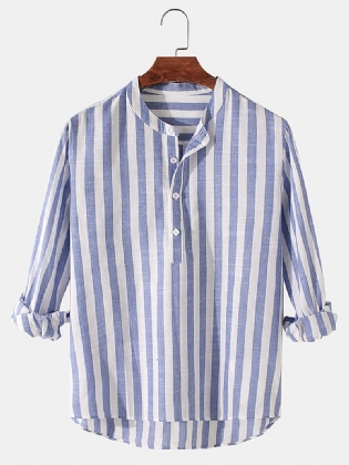 Herre Basic Stribet Bomuld Høj Lav Hem Stand Krave Casual Langærmede Henley Skjorter