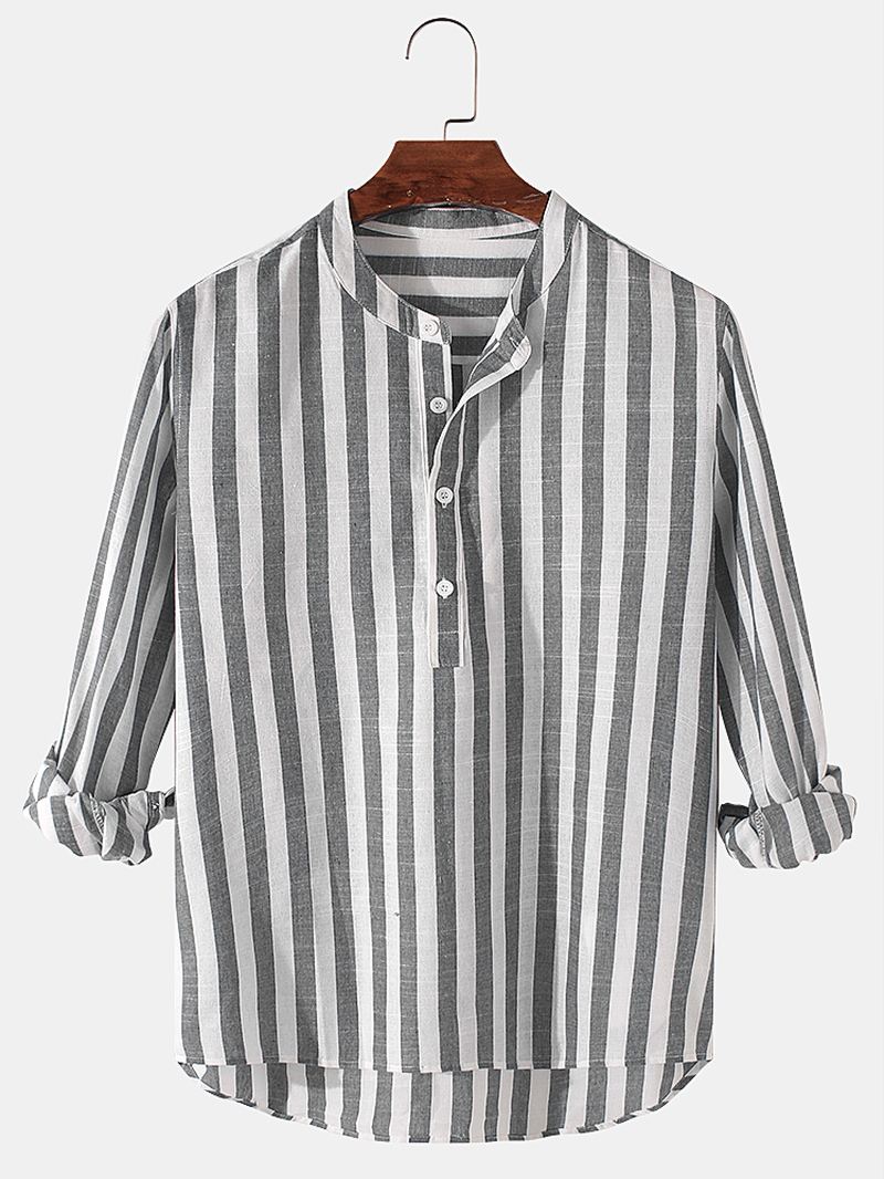 Herre Basic Stribet Bomuld Høj Lav Hem Stand Krave Casual Langærmede Henley Skjorter