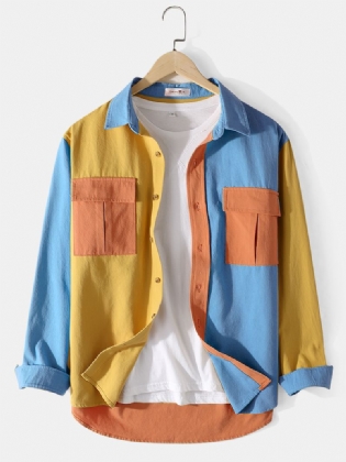 Herre Bomuld Colorblock Patchwork Cargo Style Skjorter Med Klaplommer