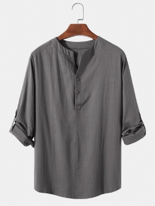 Herre Bomuld Og Hør Ensfarvede Lange Ærmer Simple Henley Skjorter