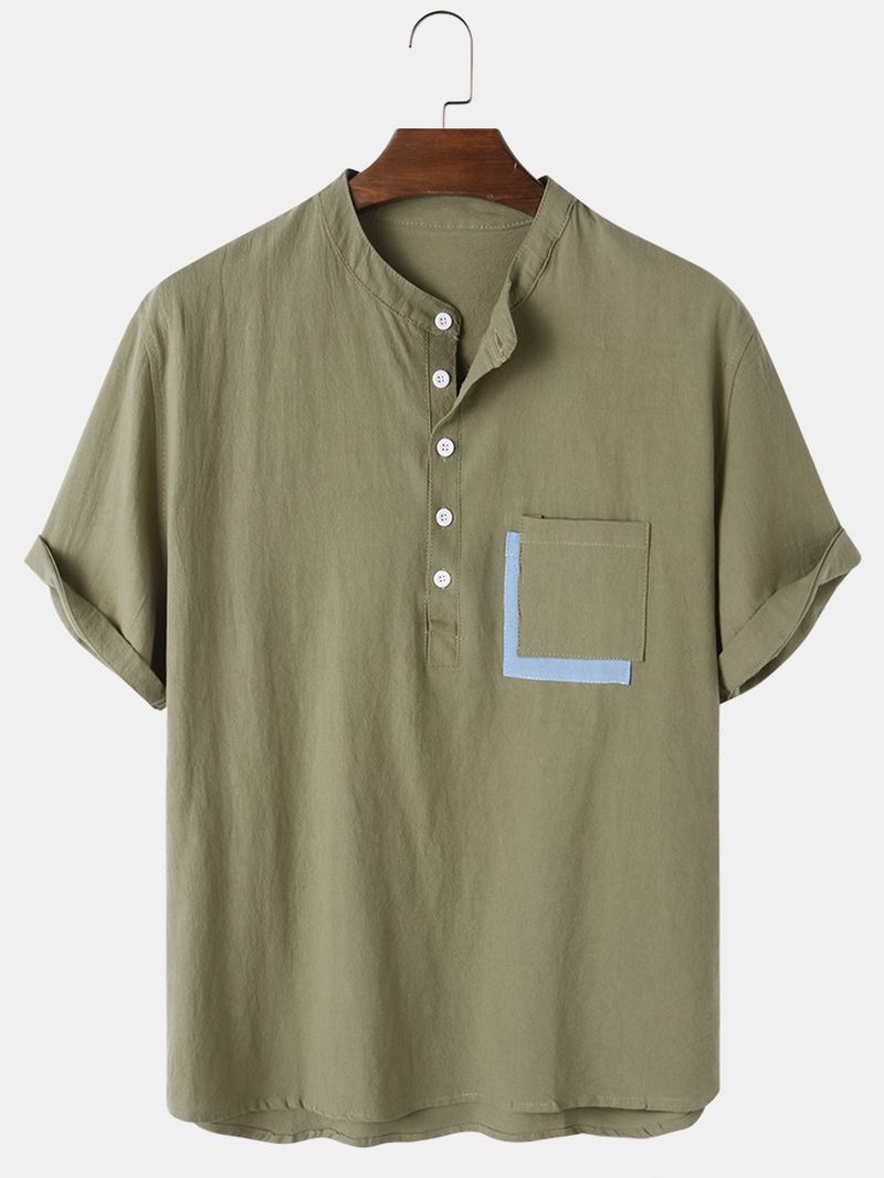 Herre Bomuld Pocket Patchwork Kortærmede Henley Skjorter