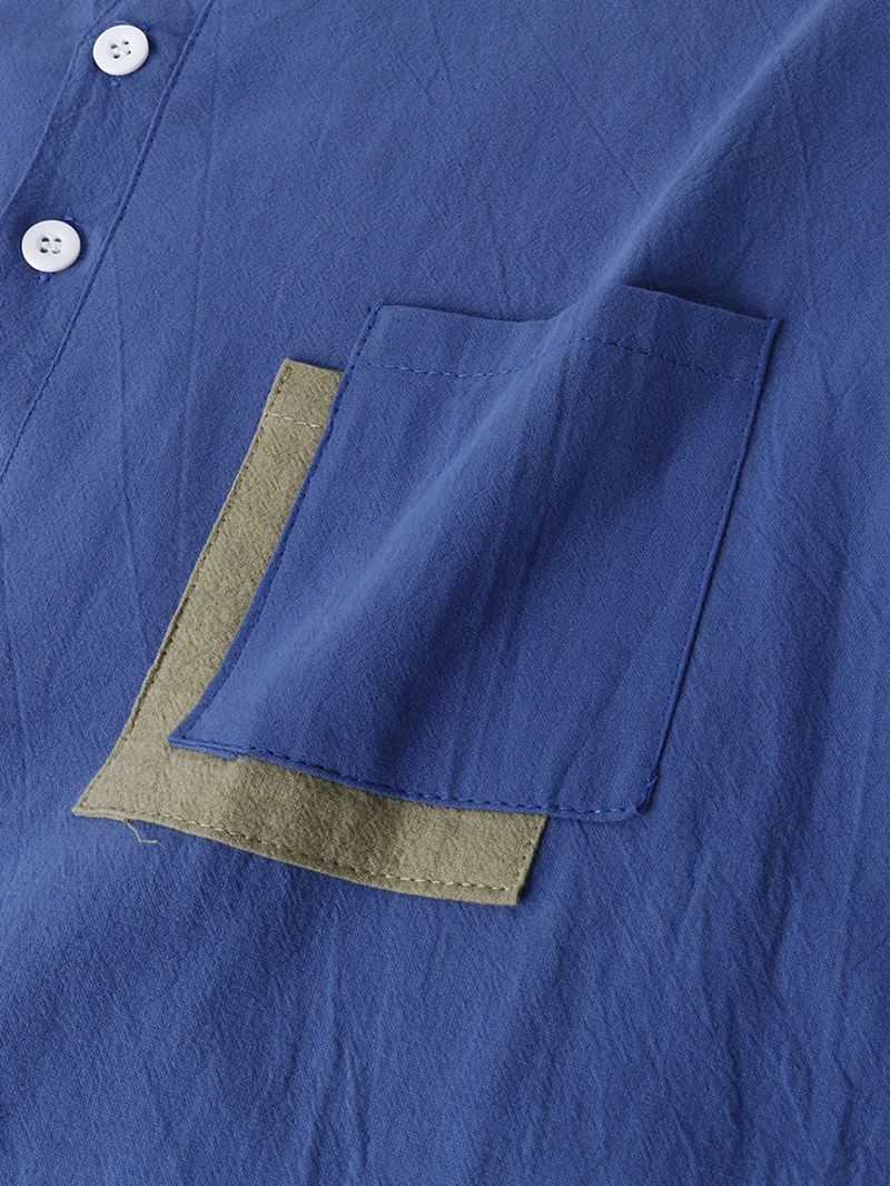Herre Bomuld Pocket Patchwork Kortærmede Henley Skjorter