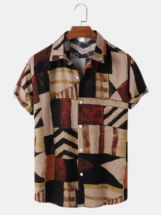 Herre Bomuldsfarveblok Kontrast Geometri Med Tryk Kortærmede Skjorter