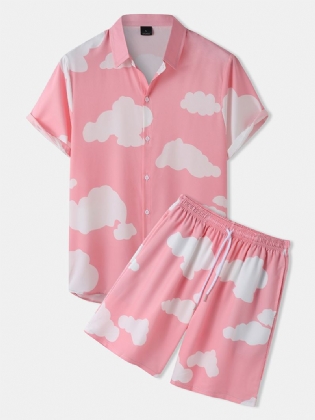 Herre Cloud Pattern Two Pieces Outfits Casual Shirts Shorts