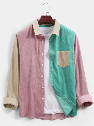 Herre Corduroy Colorblock Patchwork Casual Langærmede Skjorter Med Lomme