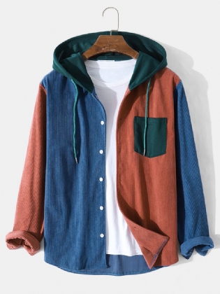 Herre Corduroy Patchwork Kontrastfarve Pocket Casual Hætteskjorte