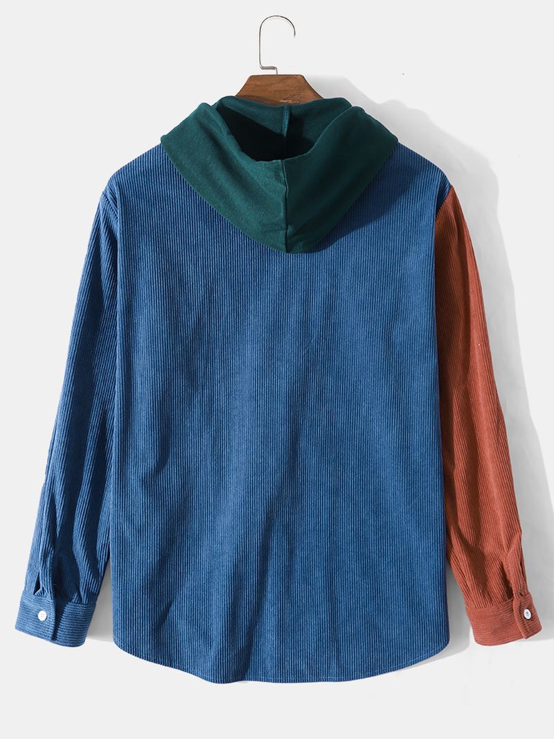 Herre Corduroy Patchwork Kontrastfarve Pocket Casual Hætteskjorte
