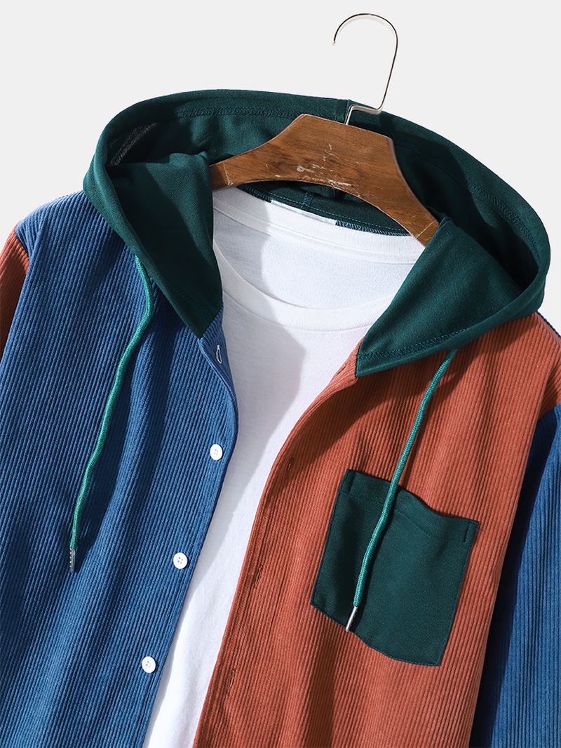 Herre Corduroy Patchwork Kontrastfarve Pocket Casual Hætteskjorte