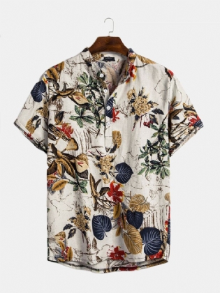Herre Cottonn Tropical Leaves Printt Kortærmede Orientalske Henley Skjorter