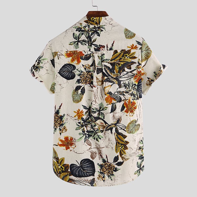 Herre Cottonn Tropical Leaves Printt Kortærmede Orientalske Henley Skjorter