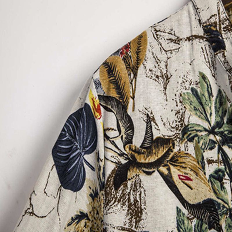 Herre Cottonn Tropical Leaves Printt Kortærmede Orientalske Henley Skjorter