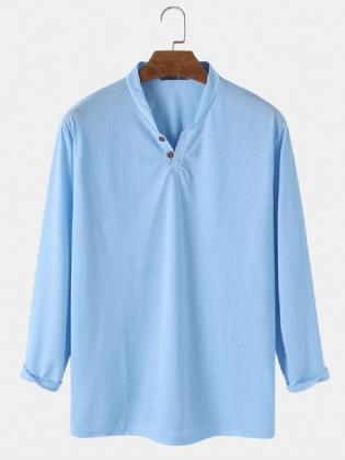 Herre Ensfarvet Knap Casual Langærmede Henley Skjorter