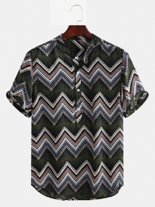 Herre Etnisk Chevron Trykt Kortærmet Casual Løse Henley Shirts Skjorter