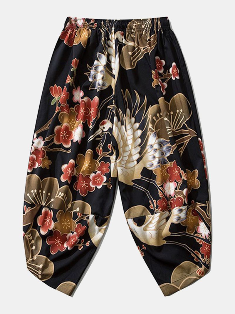 Herre Japansk Kimono Crane Blomster Med Tryk Åben Front & Bukser Co-ords