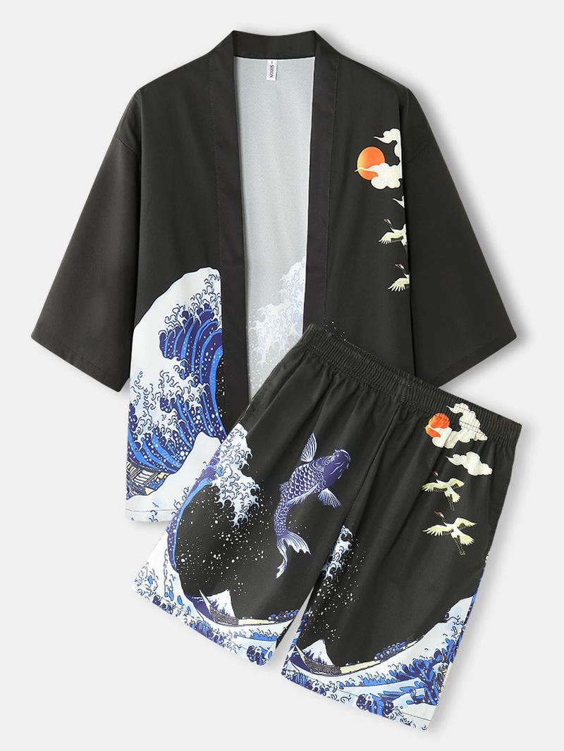 Herre Kimono Waves & Cap Mønster Japansk Elastisk Talje Todelt Outfits
