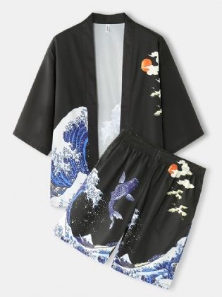Herre Kimono Waves & Cap Mønster Japansk Elastisk Talje Todelt Outfits