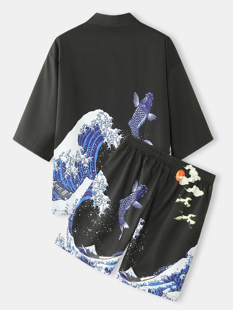 Herre Kimono Waves & Cap Mønster Japansk Elastisk Talje Todelt Outfits