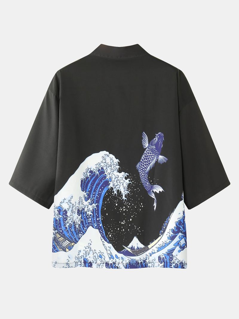 Herre Kimono Waves & Cap Mønster Japansk Elastisk Talje Todelt Outfits