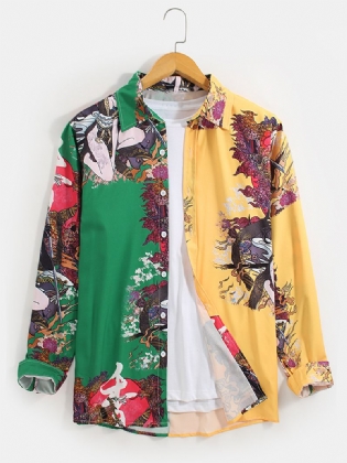 Herre Kontrast Patchwork National Style Printing Lapel Collar Langærmede Skjorter