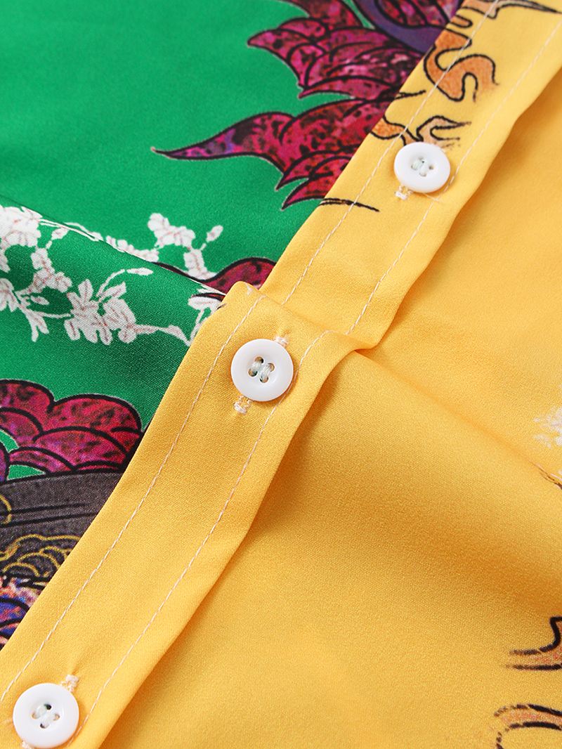 Herre Kontrast Patchwork National Style Printing Lapel Collar Langærmede Skjorter
