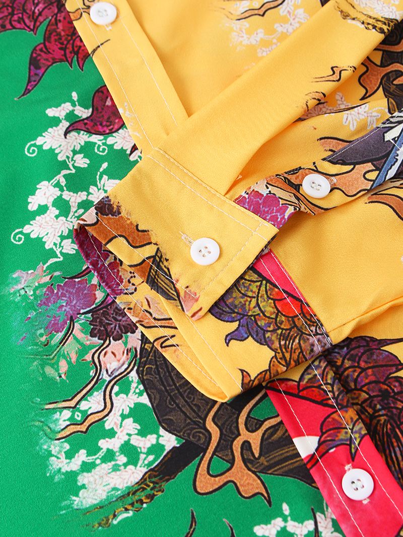 Herre Kontrast Patchwork National Style Printing Lapel Collar Langærmede Skjorter