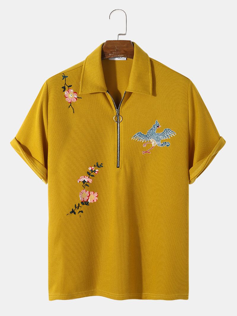 Herre Korn Fleece Blomsterfuglebroderi Afslappede Skjorter
