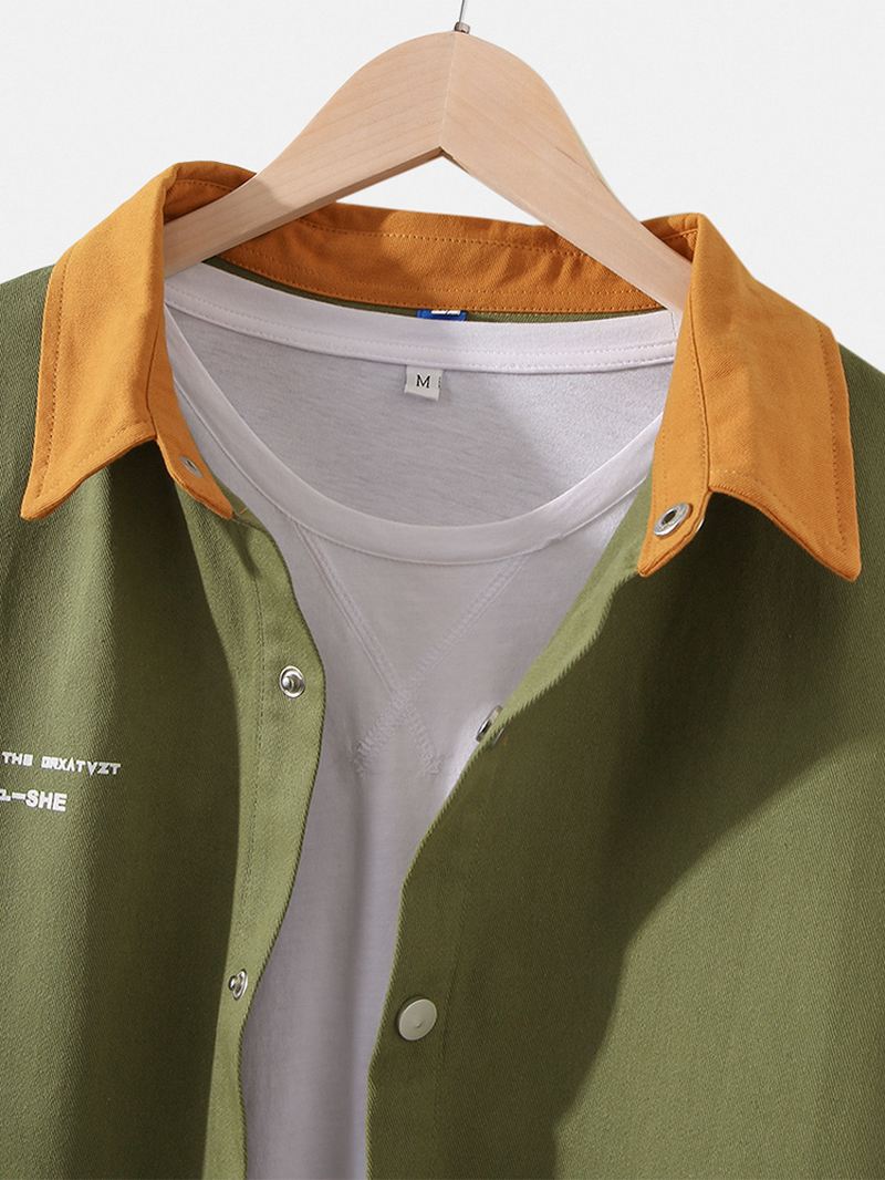 Herre Letter Med Tryk Patchwork Dobbeltlomme Button Up Lapel Langærmede Skjorter
