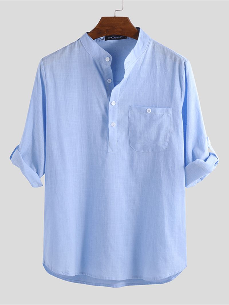 Herre Linned Casual Roll Sleeve Løse Knapper Pullover Henley Skjorter