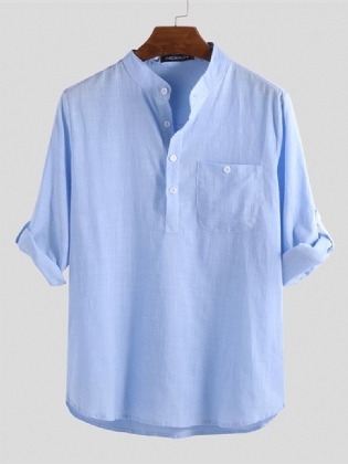 Herre Linned Casual Roll Sleeve Løse Knapper Pullover Henley Skjorter