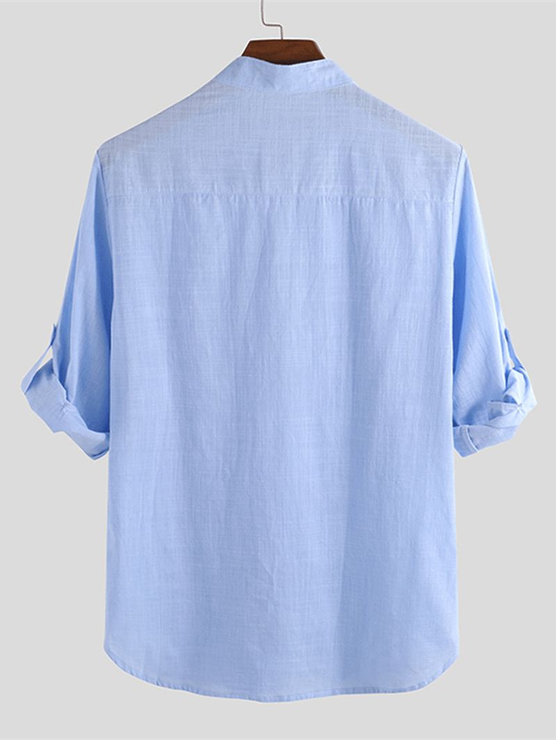 Herre Linned Casual Roll Sleeve Løse Knapper Pullover Henley Skjorter