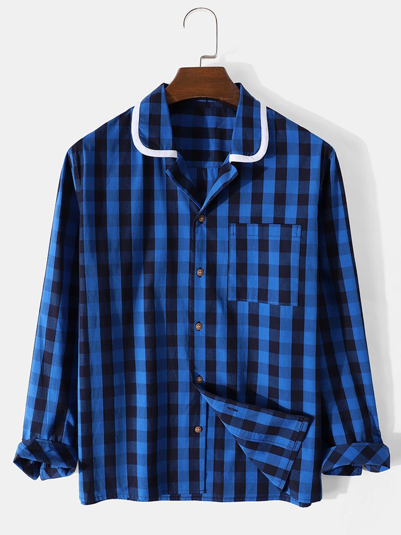 Herre Plaid Kontrastkrave 100% Bomuld Langærmede Skjorter