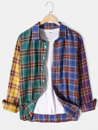 Herre Plaid Patchwork Button Up Lapel Casual Langærmede Skjorter